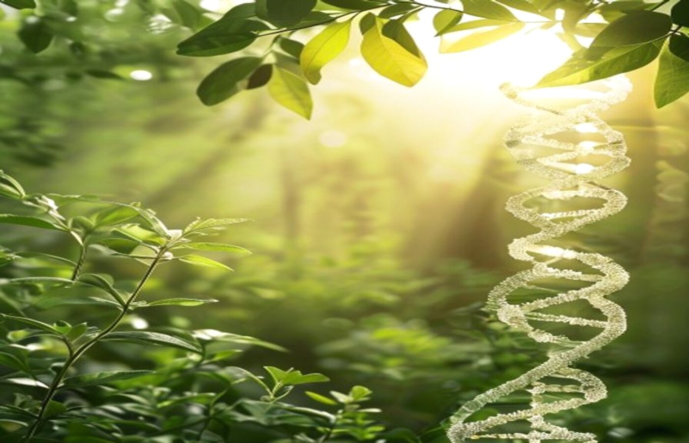 Sonnenlicht in einer naturnahen Diagnostik-Szene mit DNA-Struktur